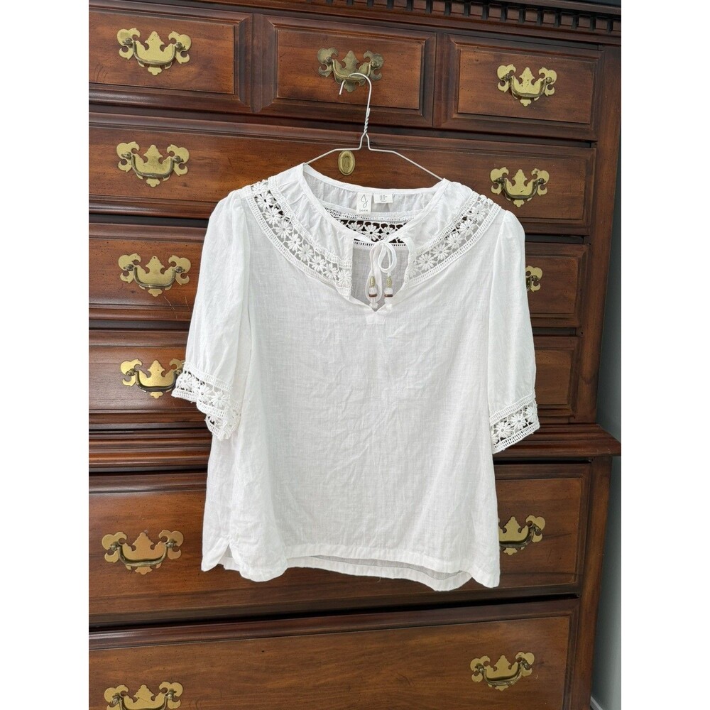 Joie Linen Top Womens Medium Cropped Crochet Lace Boxy Blouse White Tassel Tie